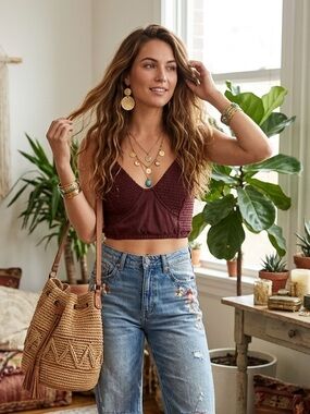 Free People Intimately Smocked Boho Crop Top - Burgundy - Medium
